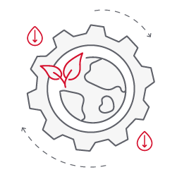 Cog outline with Earth and a plant in the center surrounded by raindrops filled with downward facing arrows to symbolize sustainability